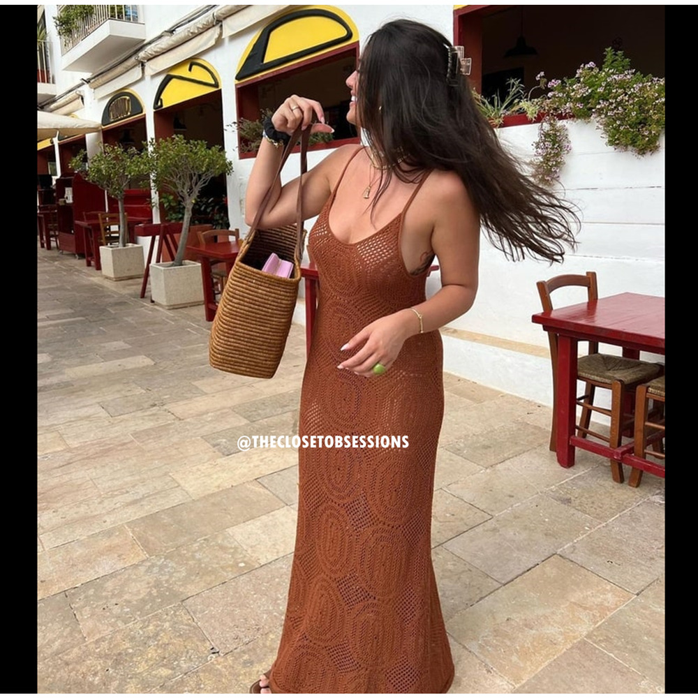 Mango Brown Knit Maxi Dress Bodycon Openwork Vacation NWT - Picture 15 of 16